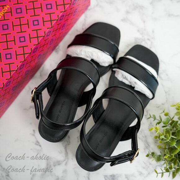 NIB Tory Burch Selby 45MM Napa Leather Sandal in Perfect Black/Gold - Picture 1 of 12